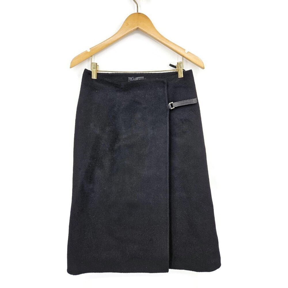 Prada Wool Angora Goat Hair Wrap Skirt Womens 40 Black Midi Leather
